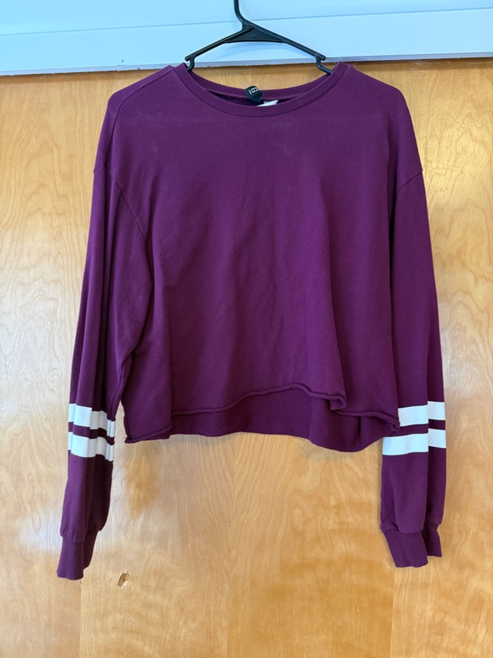 Cropped Long-Sleeve Shirt in Deep Plum with White Sleeve Stripes